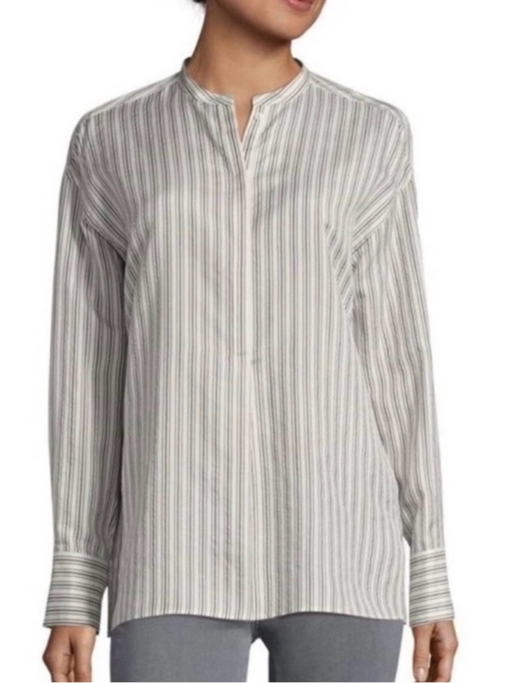 Vince 100% Silk Cream and Light Gray Striped Mandarin Collar Button Down Blouse
